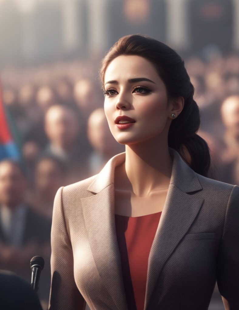 woman, young, party leader, businessman, speech, crowd, microphone, lecture, generated ai